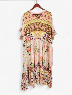 NWT Tolani Collection Corinna Lightweight Pink Tribal Print Kaftan Midi Dress 2X
